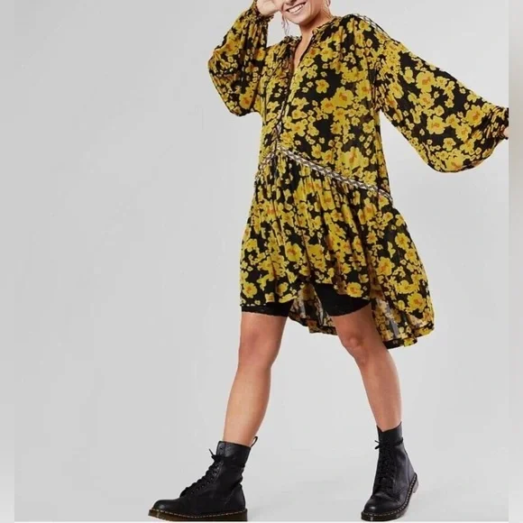 Free People Yellow and Black Tiered Sundress with Bishop Sleeves M - Picture 3 of 16